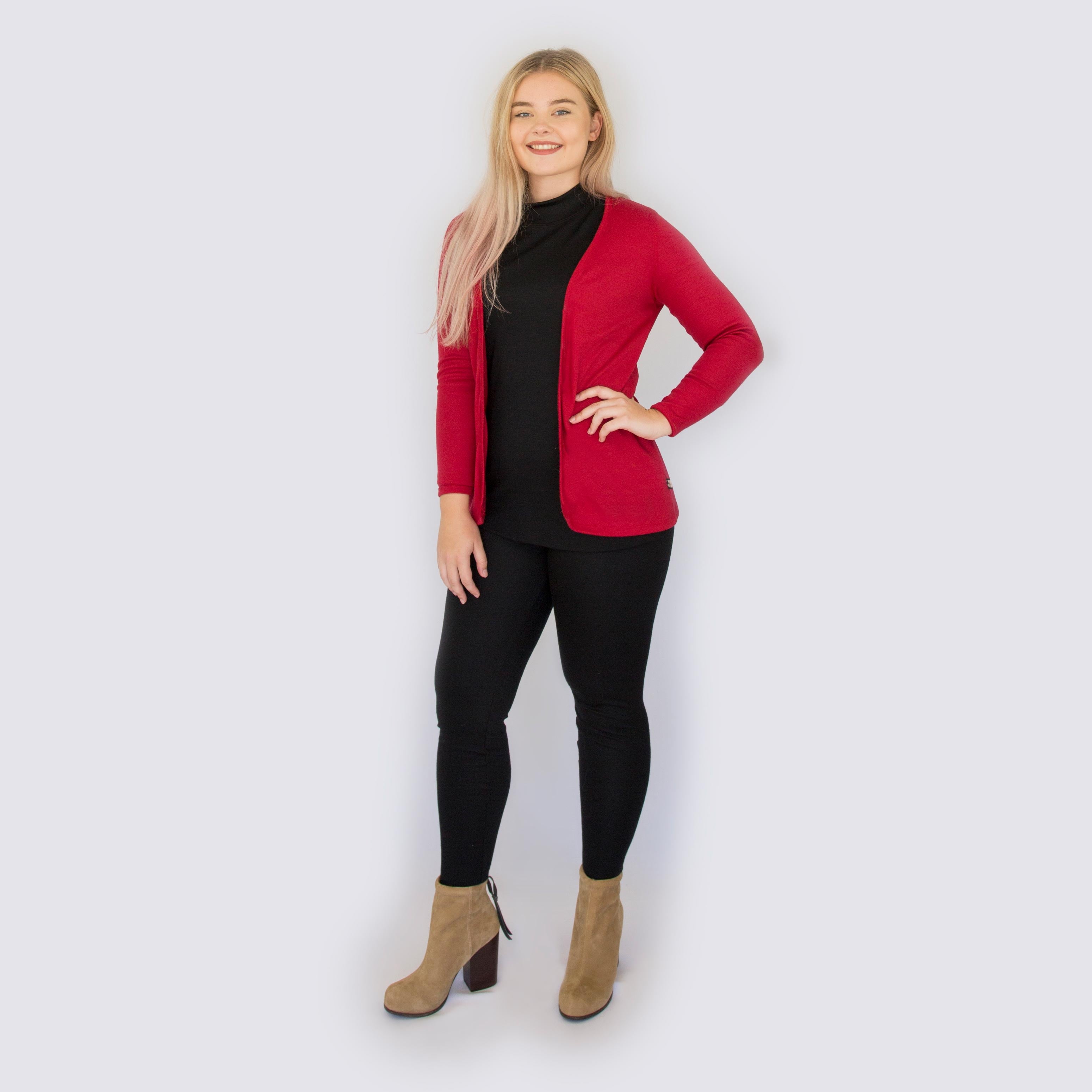 red merino cardigan
