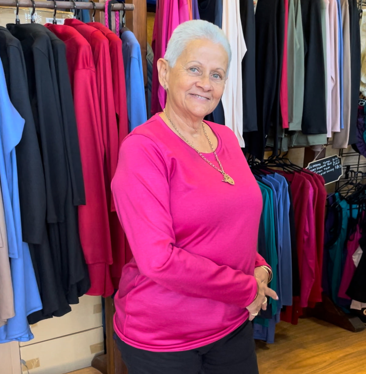 Ladies Merino Long Sleeve Crew T-shirt Hot Pink